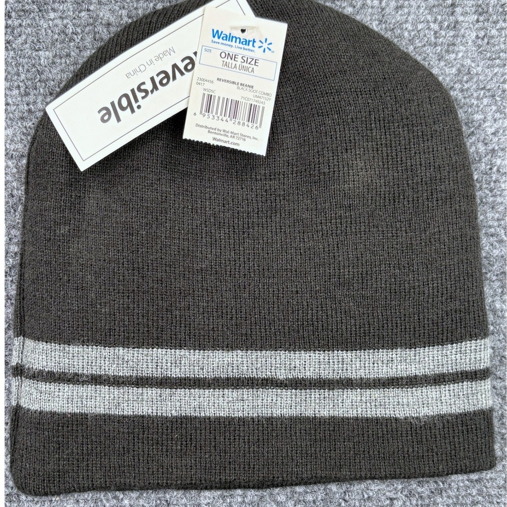 Walmart Reversible Beanie Hat Black Soot Combo‎ Grey Stripes One Size NWT